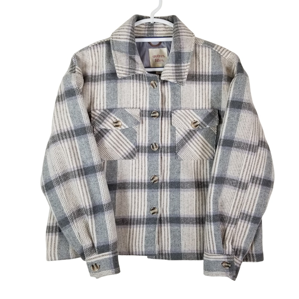 Autres Filles Anthropologie Shacket Women L Grey Plaid Faux Wool Button Front